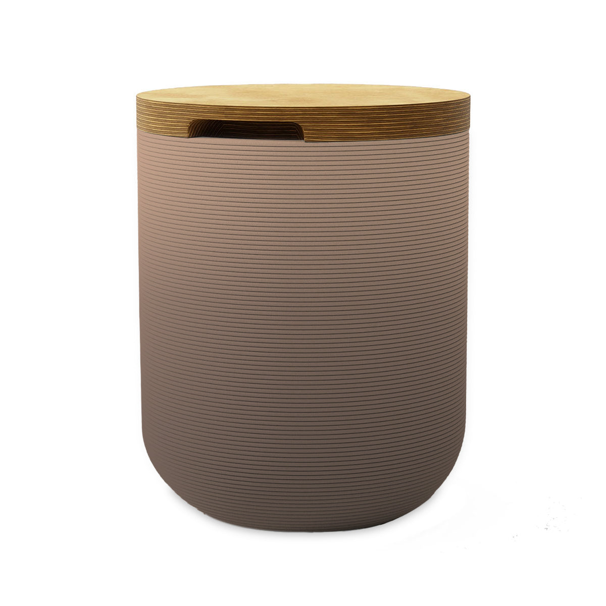 Zuma Side Table/Stool - Riverbed Earth OMB1-Europly - round side table with fine horizontal ribbed concrete base and smooth wood top, modern sculptural design