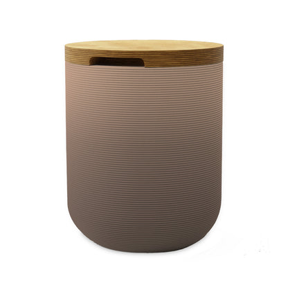 Zuma Side Table/Stool - Riverbed Earth OMB1-Europly - round side table with fine horizontal ribbed concrete base and smooth wood top, modern sculptural design