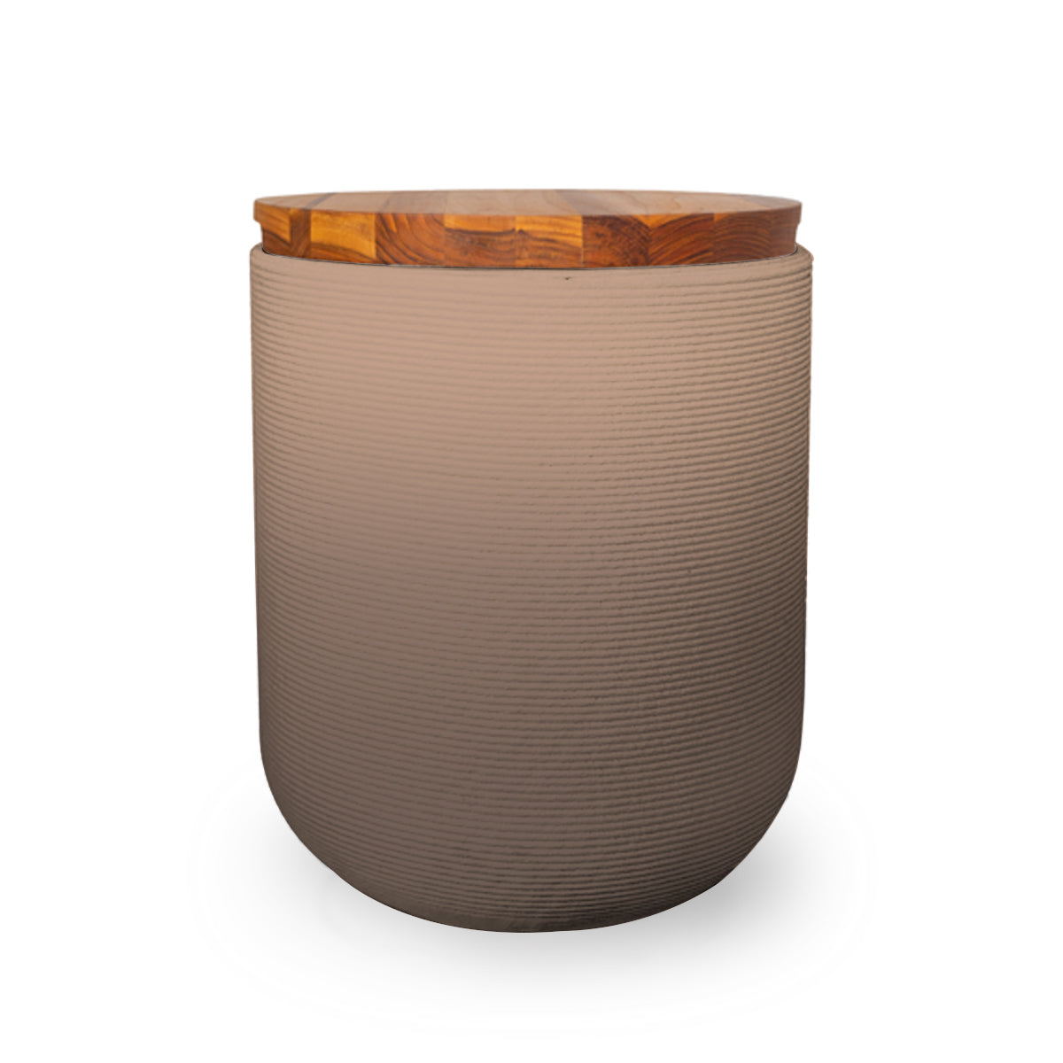 Zuma Side Table/Stool - Riverbed Earth OMB1-Teak - round side table with fine horizontal ribbed concrete base and smooth wood top, modern sculptural design