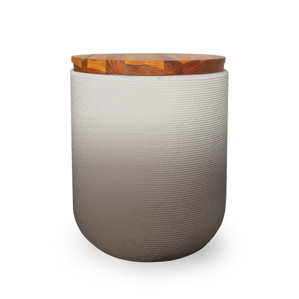 Zuma Side Table/Stool - Riverbed Earth OMB2-Teak - round side table with fine horizontal ribbed concrete base and smooth wood top, modern sculptural design
