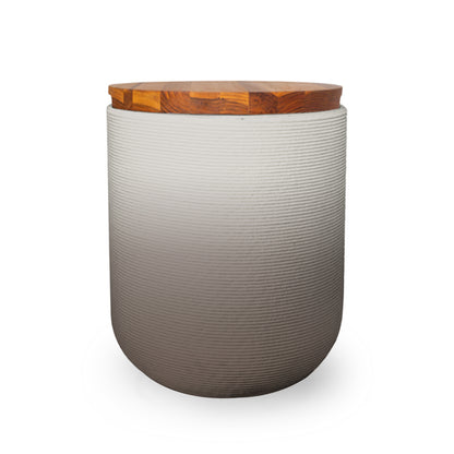 Zuma Side Table/Stool - Riverbed Earth OMB2-Teak - round side table with fine horizontal ribbed concrete base and smooth wood top, modern sculptural design