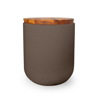 Zuma Side Table/Stool - Riverbed Earth-Teak - round side table with fine horizontal ribbed concrete base and smooth wood top, modern sculptural design