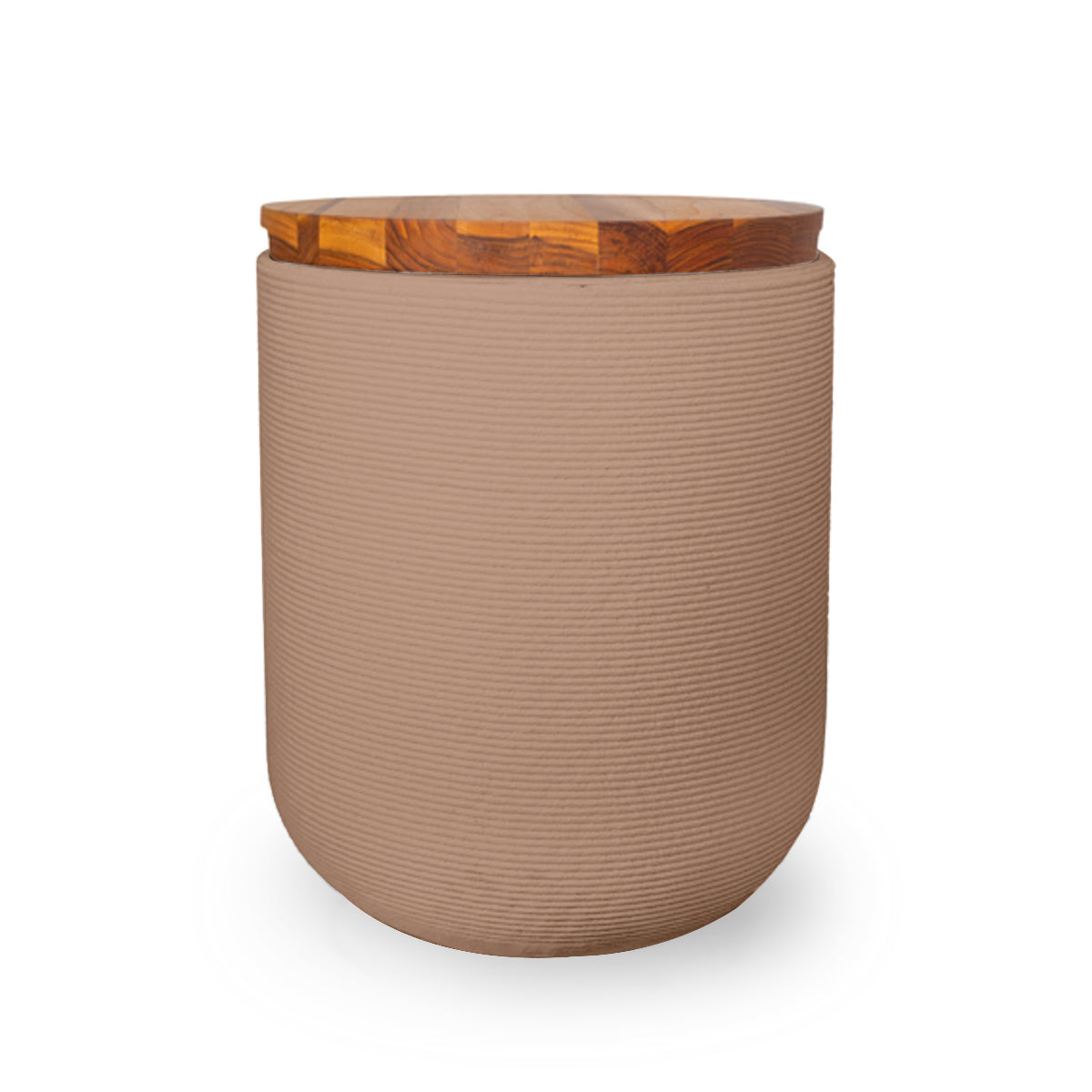 Zuma Side Table/Stool - Sandy Bluff-Teak - round side table with fine horizontal ribbed concrete base and smooth wood top, modern sculptural design