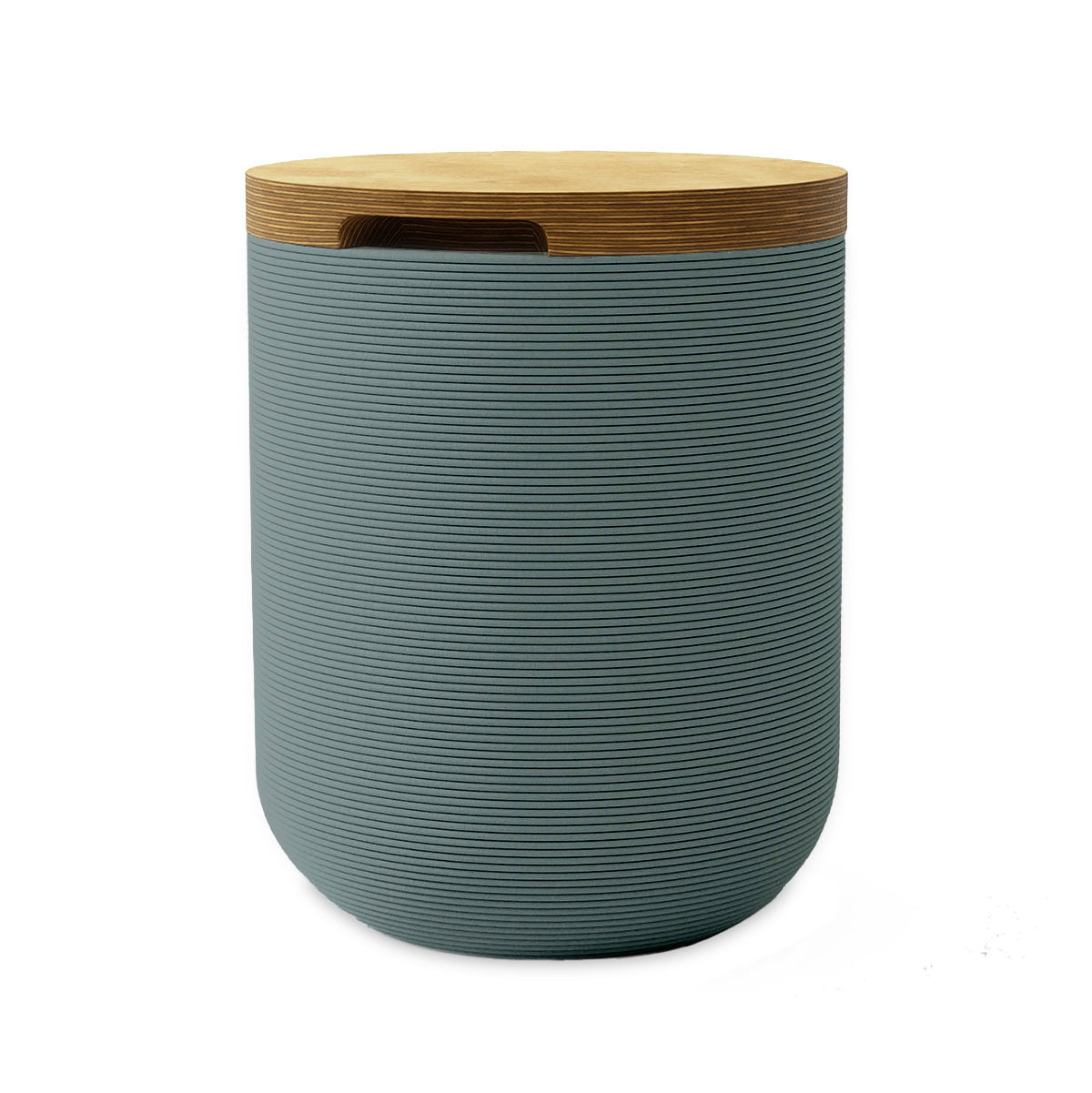 Zuma Side Table/Stool - Seafoam Slate-Europly - round side table with fine horizontal ribbed concrete base and smooth wood top, modern sculptural design