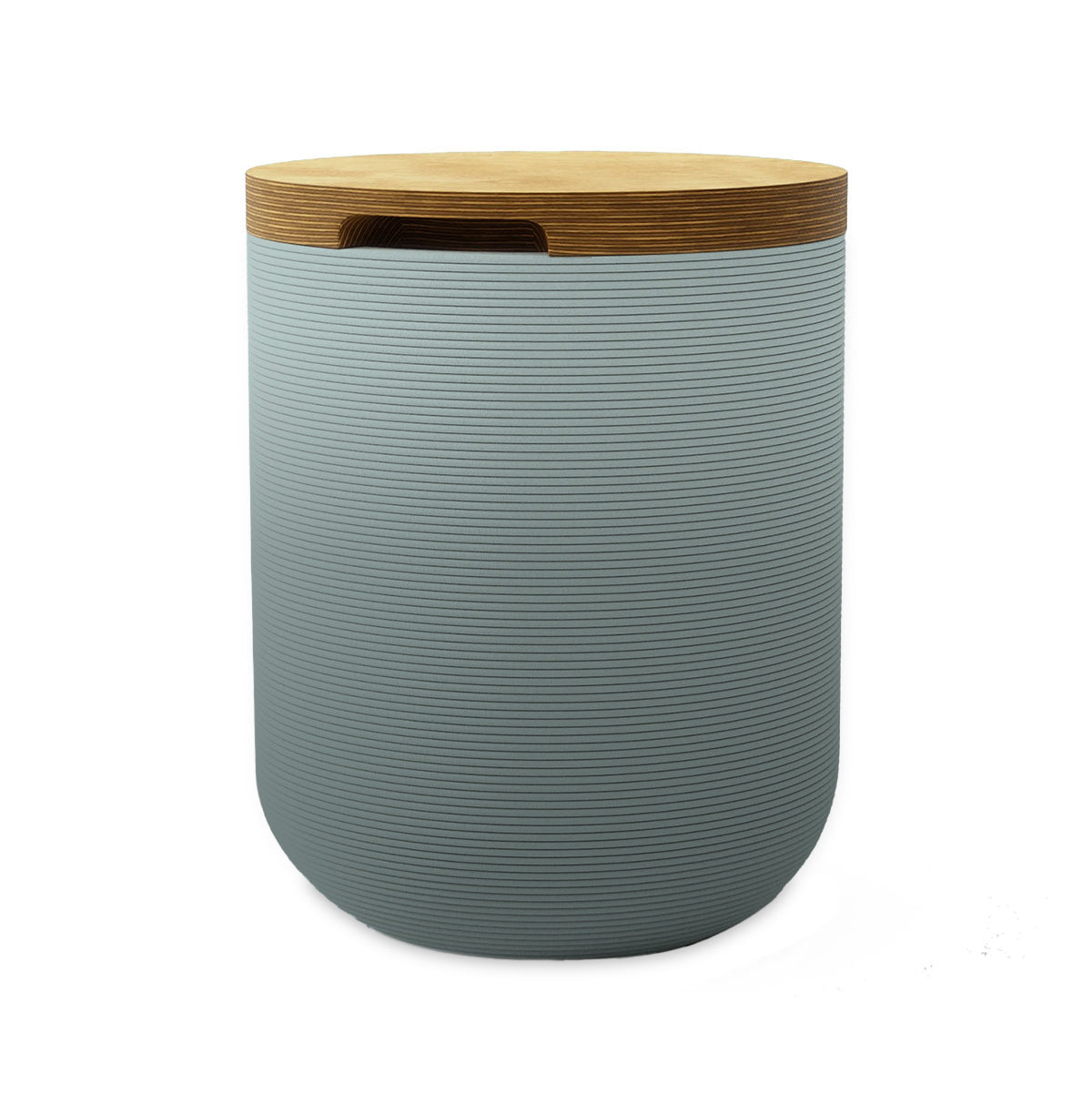 Zuma Side Table/Stool - Seafoam Slate OMB1-Europly - round side table with fine horizontal ribbed concrete base and smooth wood top, modern sculptural design