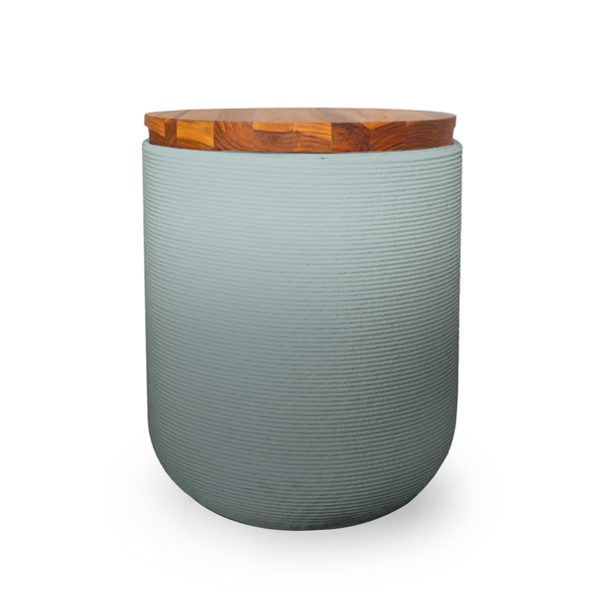 Zuma Side Table/Stool - Seafoam Slate OMB1-Teak - round side table with fine horizontal ribbed concrete base and smooth wood top, modern sculptural design
