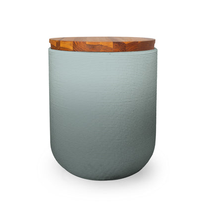 Zuma Side Table/Stool - Seafoam Slate OMB1-Teak - round side table with fine horizontal ribbed concrete base and smooth wood top, modern sculptural design