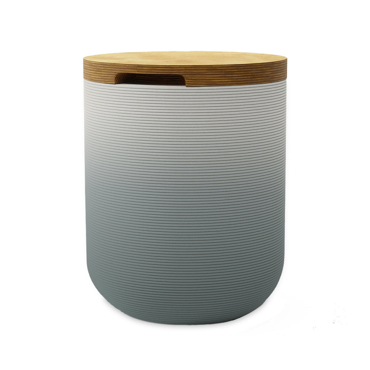 Zuma Side Table/Stool - Seafoam Slate OMB2-Europly - round side table with fine horizontal ribbed concrete base and smooth wood top, modern sculptural design
