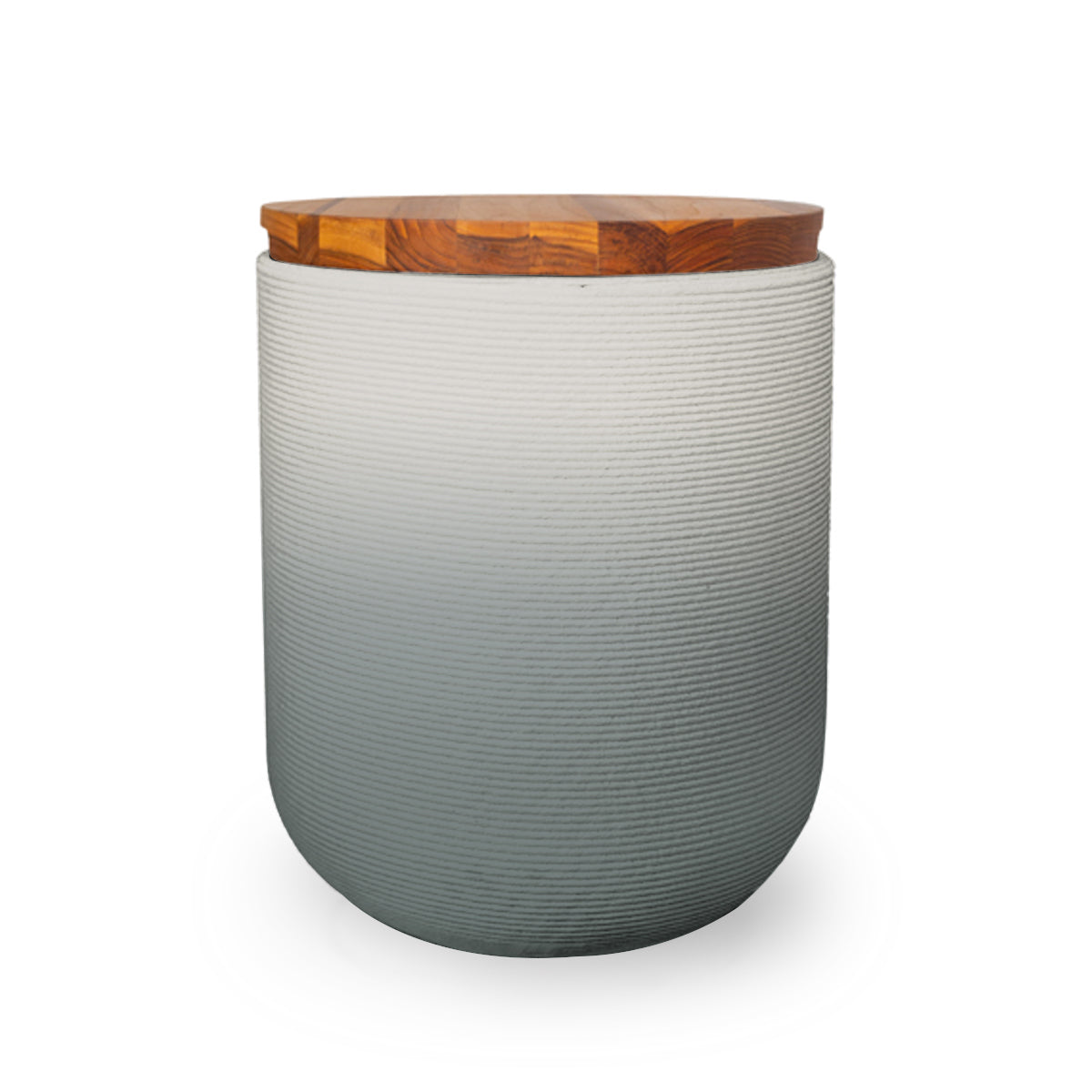 Zuma Side Table/Stool - Seafoam Slate OMB2-Teak - round side table with fine horizontal ribbed concrete base and smooth wood top, modern sculptural design