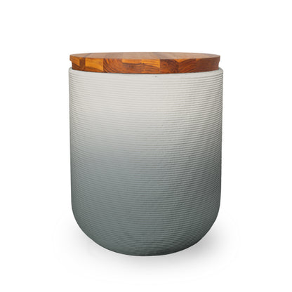 Zuma Side Table/Stool - Seafoam Slate OMB2-Teak - round side table with fine horizontal ribbed concrete base and smooth wood top, modern sculptural design
