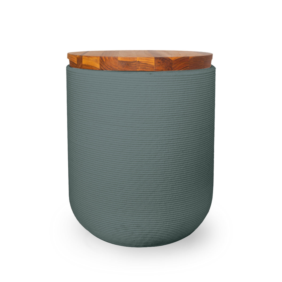 Zuma Side Table/Stool - Seafoam Slate-Teak - round side table with fine horizontal ribbed concrete base and smooth wood top, modern sculptural design