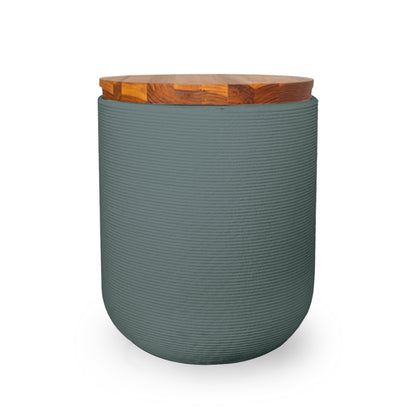 Zuma Side Table/Stool - Seafoam Slate-Teak - round side table with fine horizontal ribbed concrete base and smooth wood top, modern sculptural design