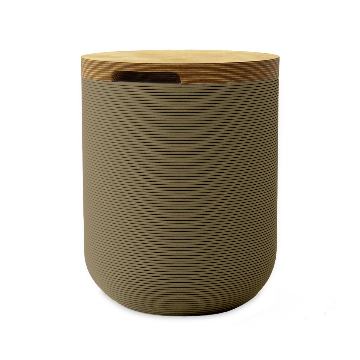 Zuma Side Table/Stool - Savanna Clay-Europly - round side table with fine horizontal ribbed concrete base and smooth wood top, modern sculptural design