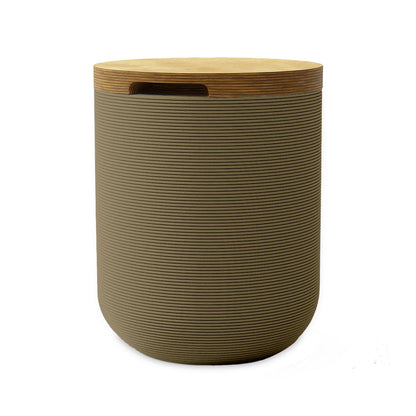 Zuma Side Table/Stool - Savanna Clay-Europly - round side table with fine horizontal ribbed concrete base and smooth wood top, modern sculptural design