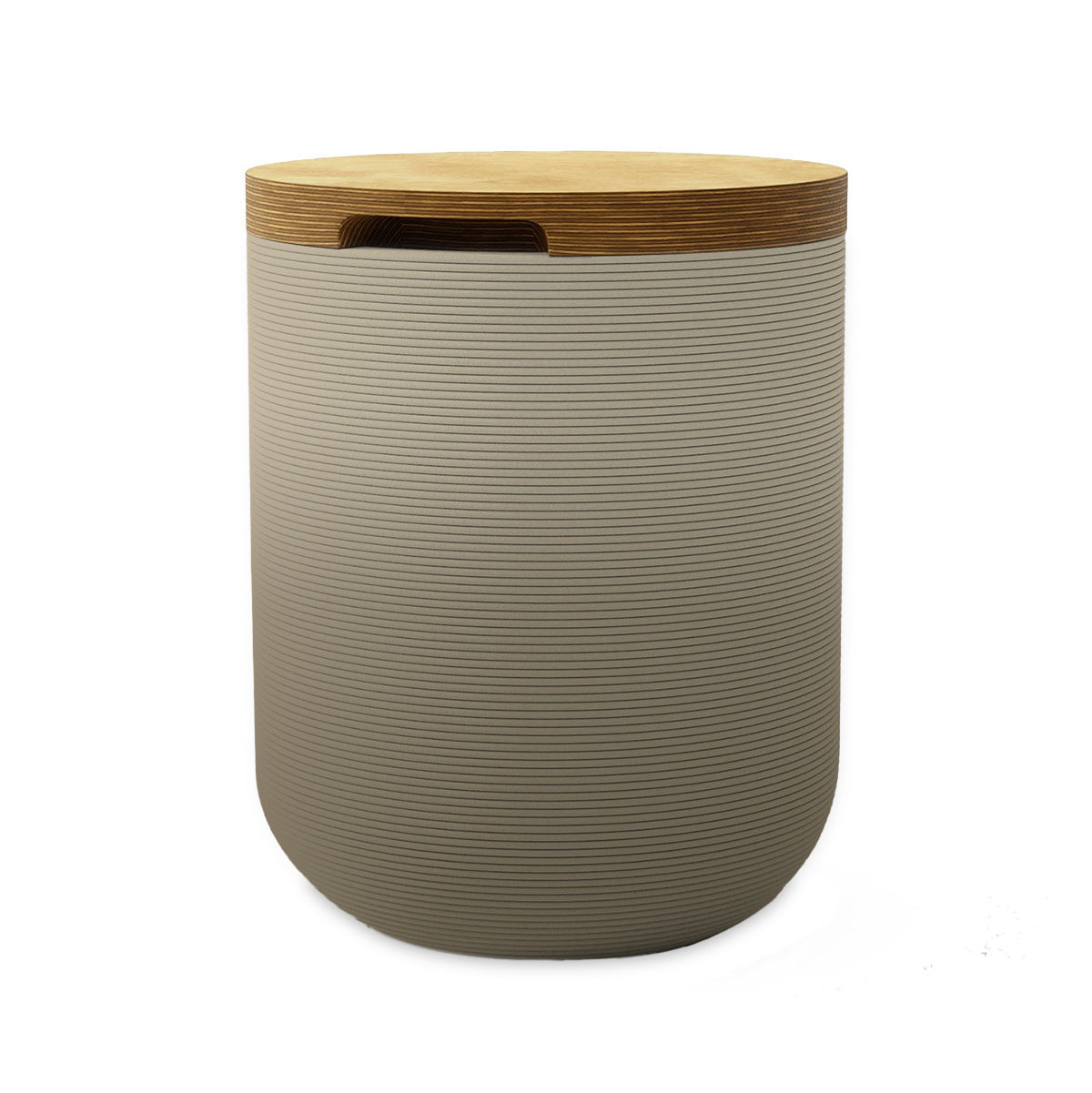 Zuma Side Table/Stool - Savanna Clay OMB1-Europly - round side table with fine horizontal ribbed concrete base and smooth wood top, modern sculptural design