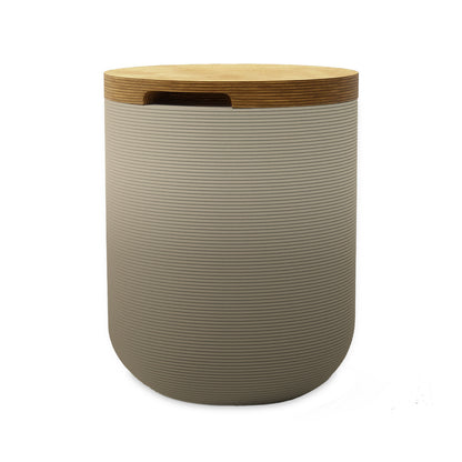 Zuma Side Table/Stool - Savanna Clay OMB1-Europly - round side table with fine horizontal ribbed concrete base and smooth wood top, modern sculptural design