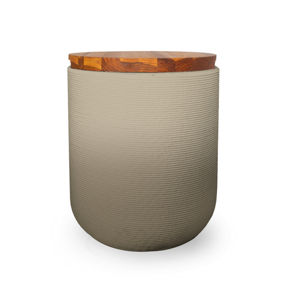 Zuma Side Table/Stool - Savanna Clay OMB1-Teak - round side table with fine horizontal ribbed concrete base and smooth wood top, modern sculptural design