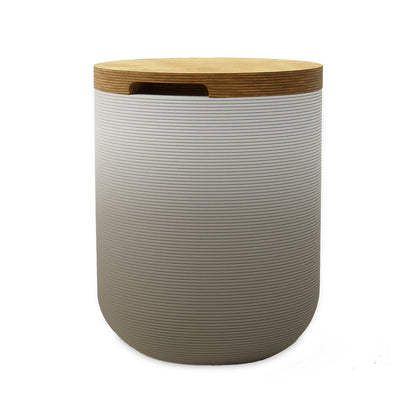 Zuma Side Table/Stool - Savanna Clay OMB2-Europly - round side table with fine horizontal ribbed concrete base and smooth wood top, modern sculptural design