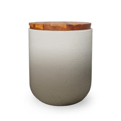 Zuma Side Table/Stool - Savanna Clay OMB2-Teak - round side table with fine horizontal ribbed concrete base and smooth wood top, modern sculptural design
