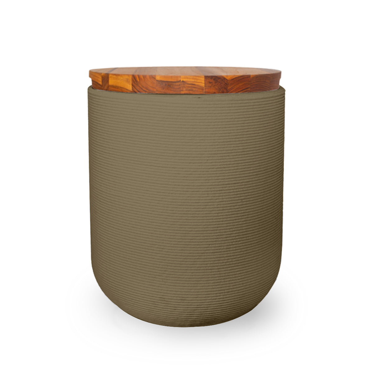 Zuma Side Table/Stool - Savanna Clay-Teak - round side table with fine horizontal ribbed concrete base and smooth wood top, modern sculptural design