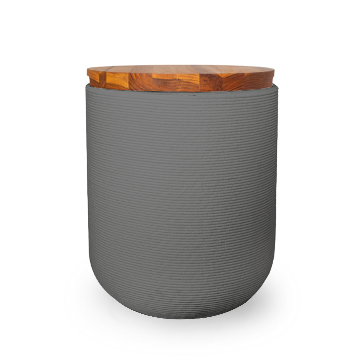 Zuma Side Table/Stool - Silver Mist-Teak - round side table with fine horizontal ribbed concrete base and smooth wood top, modern sculptural design