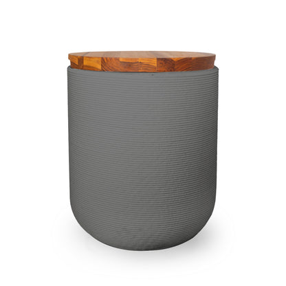 Zuma Side Table/Stool - Silver Mist-Teak - round side table with fine horizontal ribbed concrete base and smooth wood top, modern sculptural design