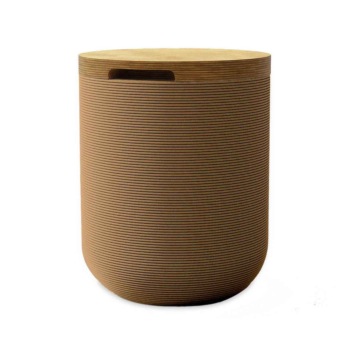 Zuma Side Table/Stool - Toasted Almond-Europly - round side table with fine horizontal ribbed concrete base and smooth wood top, modern sculptural design