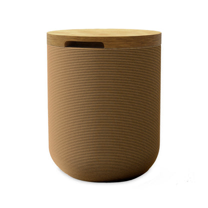 Zuma Side Table/Stool - Toasted Almond-Europly - round side table with fine horizontal ribbed concrete base and smooth wood top, modern sculptural design