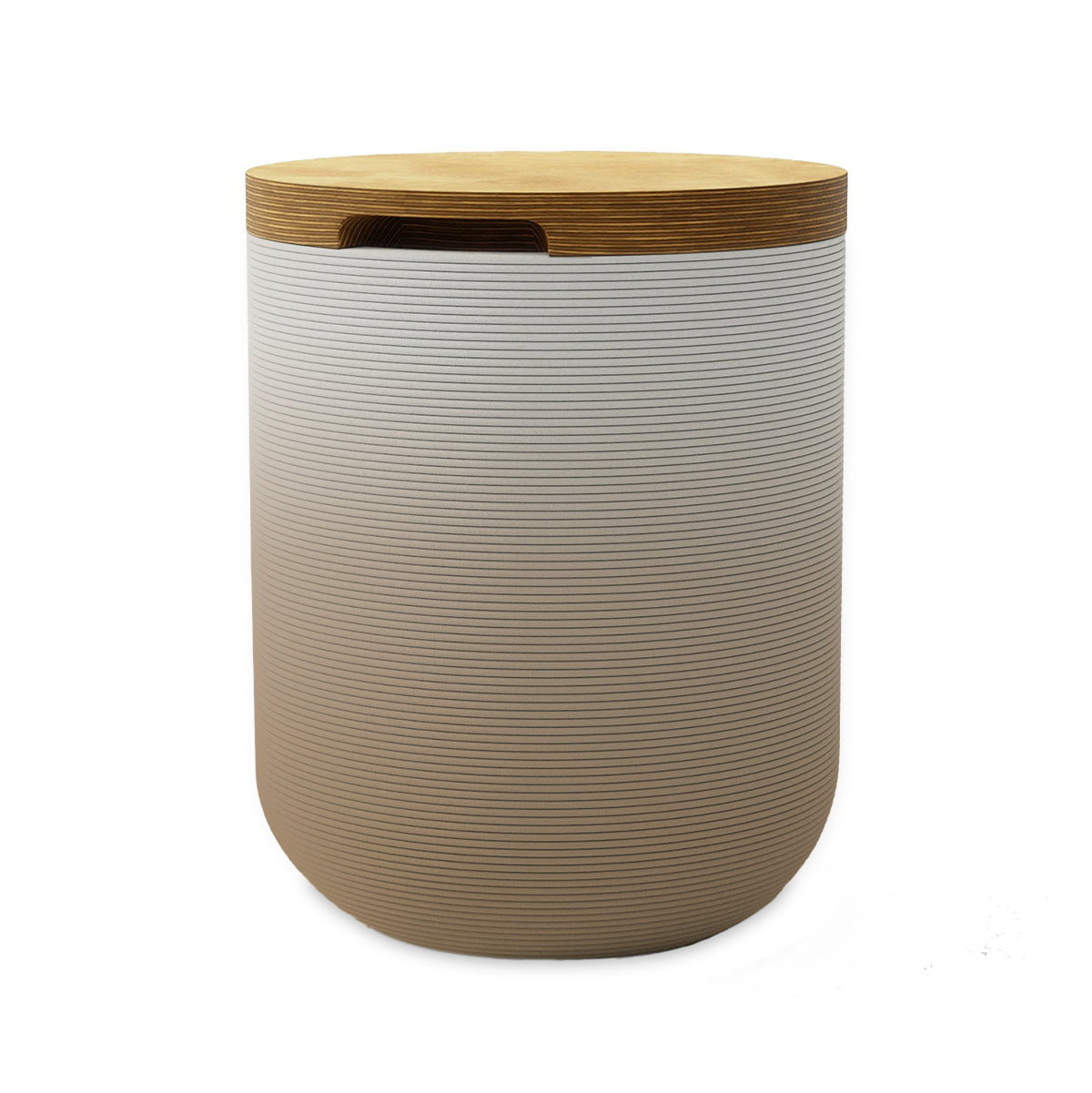 Zuma Side Table/Stool - Toasted Almond OMB2-Europly - round side table with fine horizontal ribbed concrete base and smooth wood top, modern sculptural design