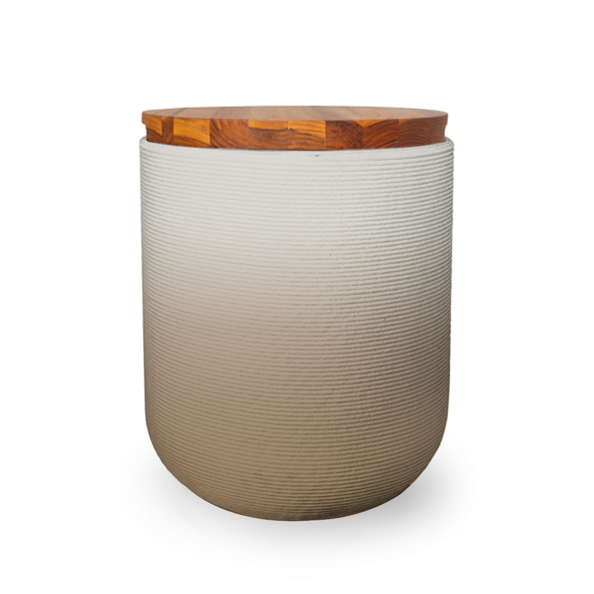Zuma Side Table/Stool - Toasted Almond OMB2-Teak - round side table with fine horizontal ribbed concrete base and smooth wood top, modern sculptural design