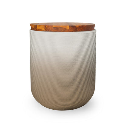 Zuma Side Table/Stool - Toasted Almond OMB2-Teak - round side table with fine horizontal ribbed concrete base and smooth wood top, modern sculptural design