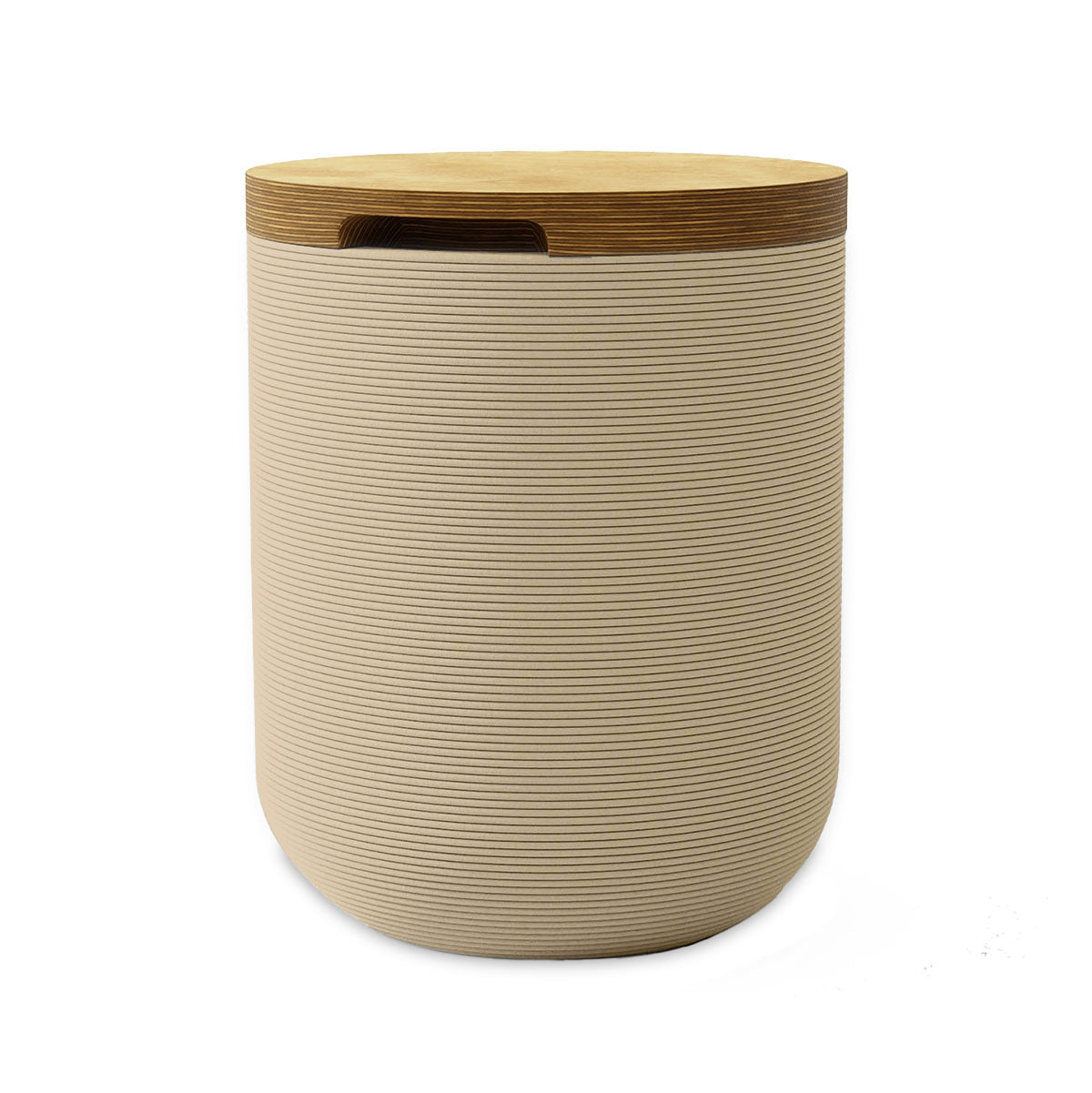 Zuma Side Table/Stool - Desert Dawn-Europly - round side table with fine horizontal ribbed concrete base and smooth wood top, modern sculptural design