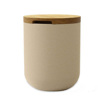 Zuma Side Table/Stool - Desert Dawn-Europly - round side table with fine horizontal ribbed concrete base and smooth wood top, modern sculptural design