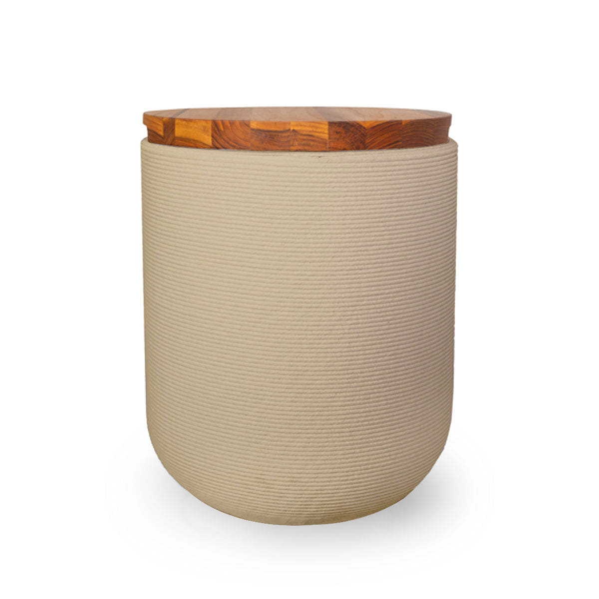 Zuma Side Table/Stool - Desert Dawn-Teak - round side table with fine horizontal ribbed concrete base and smooth wood top, modern sculptural design