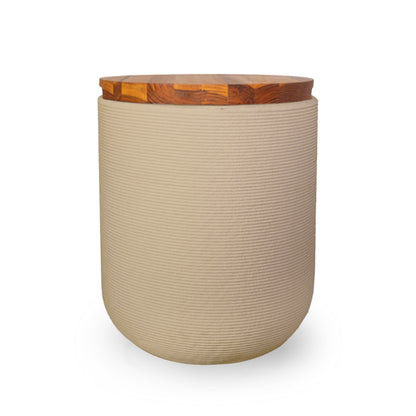 Zuma Side Table/Stool - Desert Dawn-Teak - round side table with fine horizontal ribbed concrete base and smooth wood top, modern sculptural design
